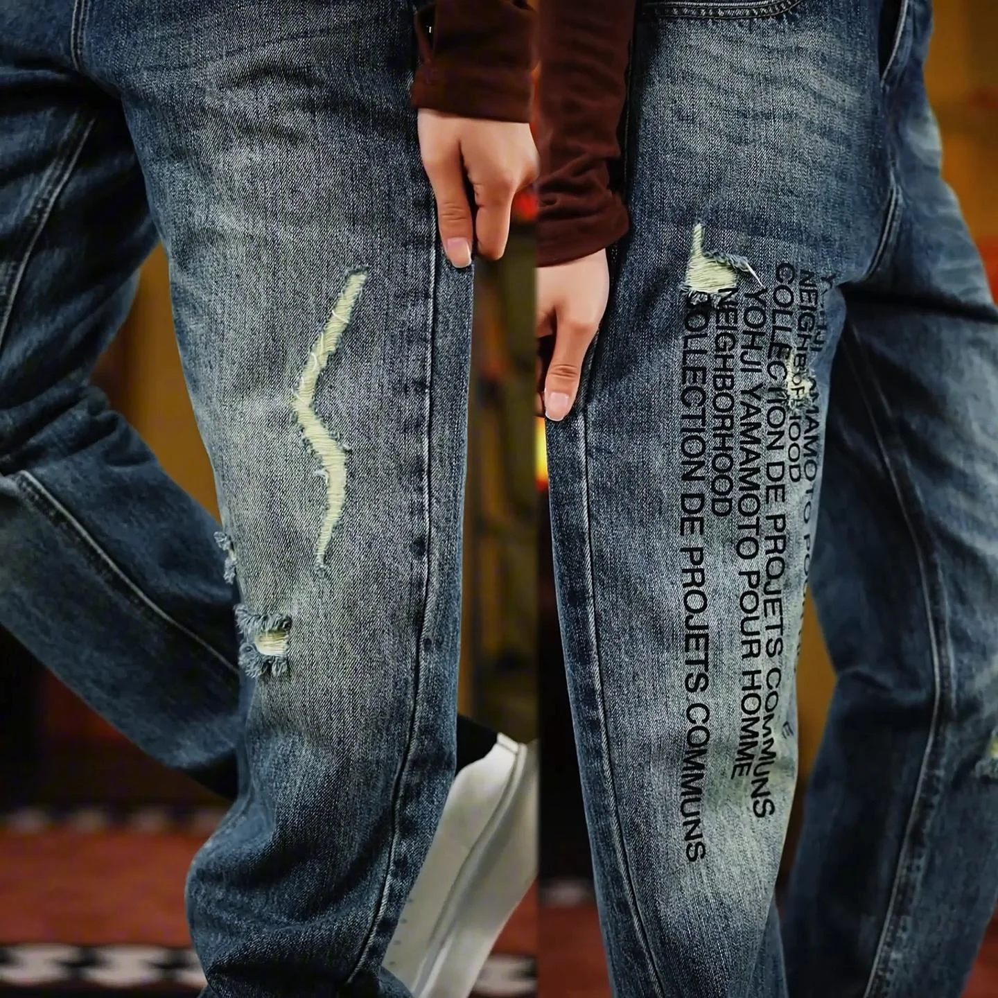 

Retro Waed Loose Straight Leg Men's Jeans Faion Urban Cotton Denim Trousers with Patchwork And Wear Resistant for Autumn