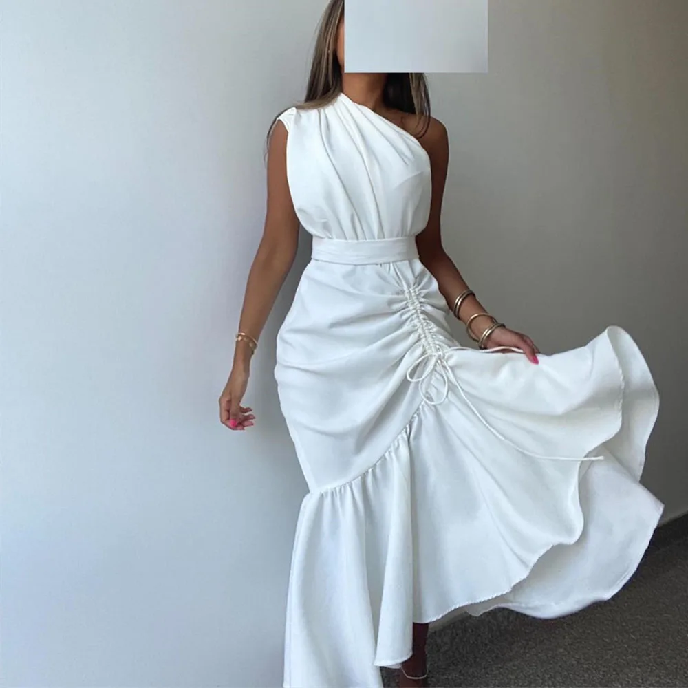 

Customized One-Shoulder Pleat Prom Gown Simple Mermaid Ruffle Party Dresses Tea-Length Elegant Homecoming فساتين للحفلات الراقص