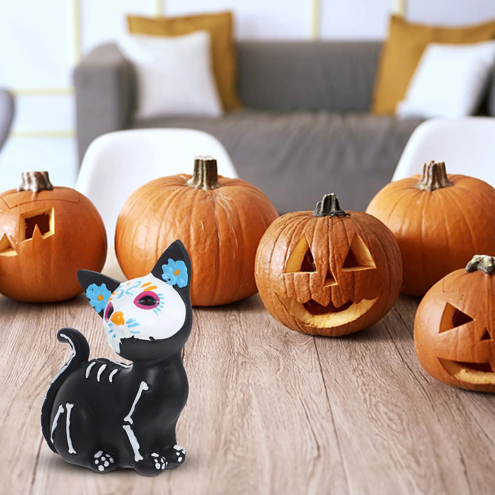 Halloween Cartoon Cat and Dog Figurine Spooky Sculpture Garden Indoor Animal Statue Desktop Resin Animal Ornaments Party Decor