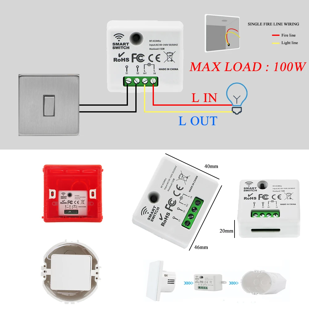 TEDELIGO 433MHz 110V 120V 220V 230V 240V Interruptor De Luz Não Neutro Necessário Interruptor De Controle Remoto Suporte 2 Way Control Module para Casa Lâmpada Elétrica