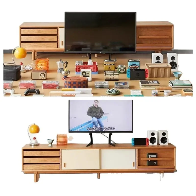 Solid wood TV cabinet medieval color scheme cherry wood furniture TV cabinet small apartment living room storage