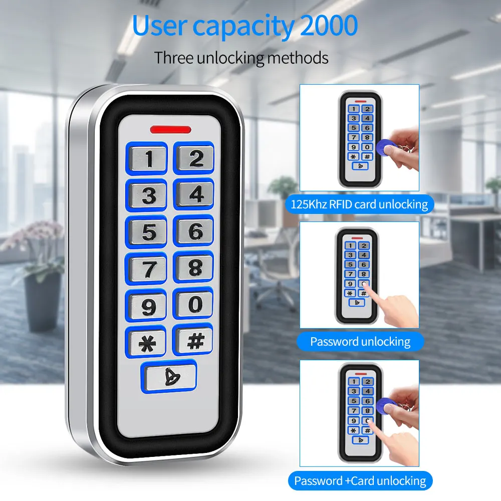 Zinc Metal 2000User Outdoor RFID Access Control Keypad Card Reader Waterproof 125KHz 10PCS Keys for Access Control Lock System