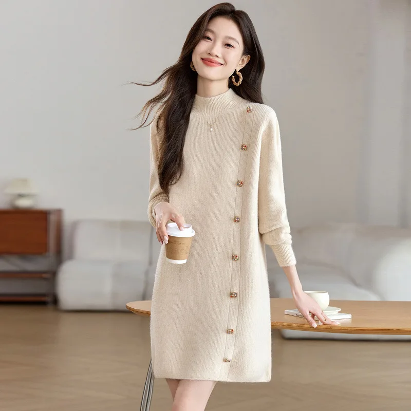 

Fashion and Casual Women's Sweater Dress Autumn and Winter New Round Neck Mid Length Knitted Dress