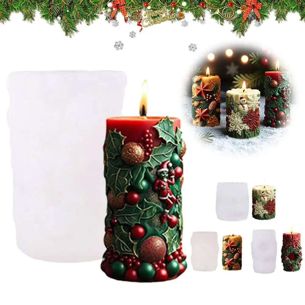 

Силиконовая форма для свечей в виде колонны с рельефным узором: ягоды, листья холли, зимние деревья, вихревые цветы, Санта, 3D-дизайн ручной работы, DIY, сосна, рождественский декор C0n9