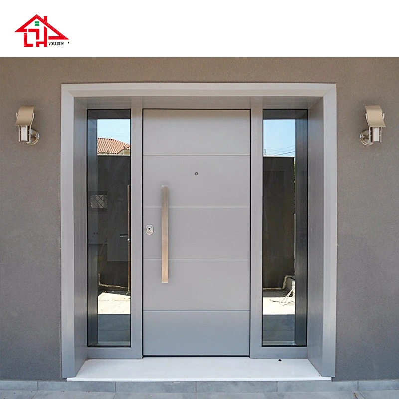 

Современная алюминиевая передняя дверь со стеклянными боковыми светильниками, внешняя входная дверь высокой безопасности, индивидуальный дизайн для жилых вилл