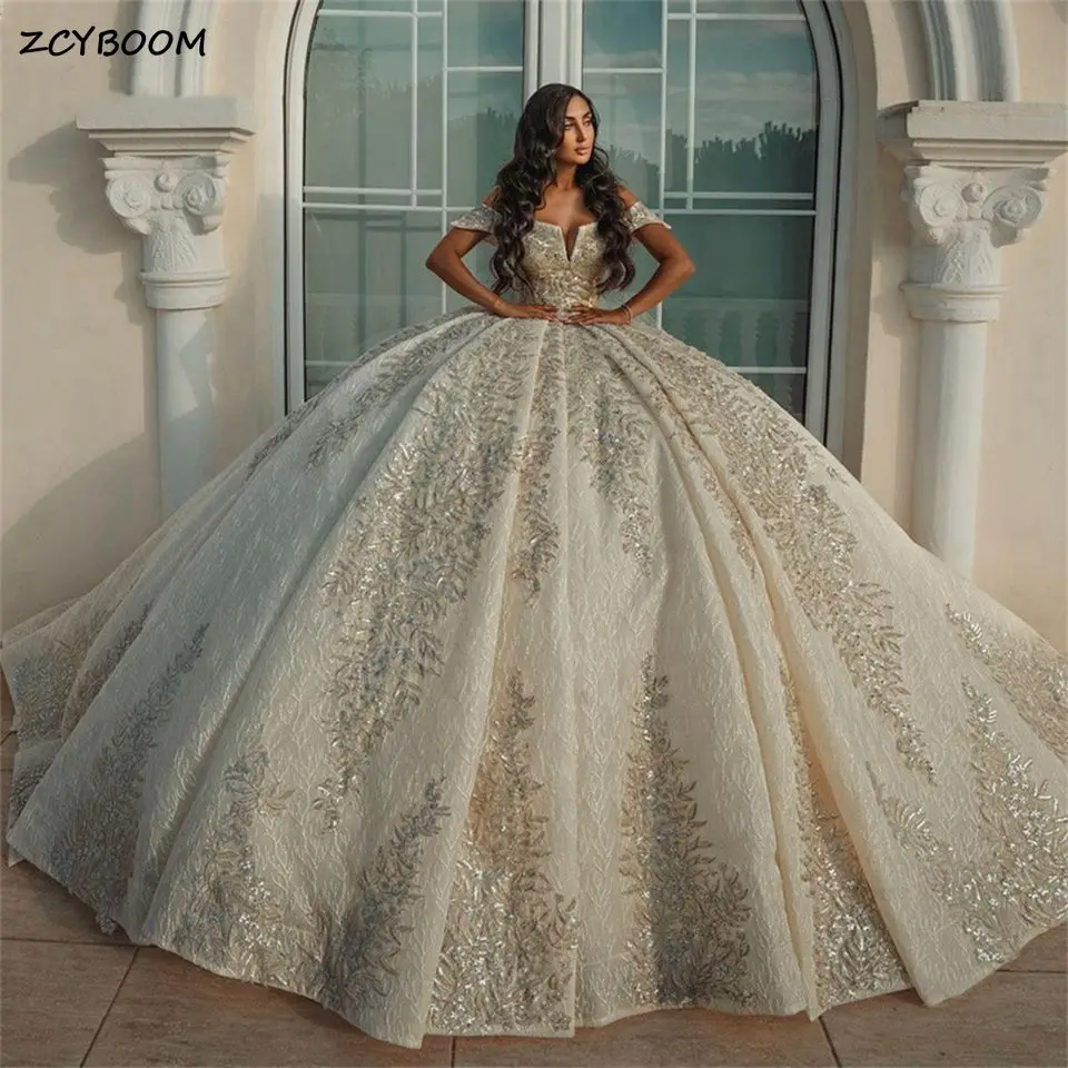 

Luxury Princess Glitter Sequins Ball Gown Off Shoulder Wedding Dresses 2023 Lace Appliques Bridal Gowns Illusion Robe De Mariee