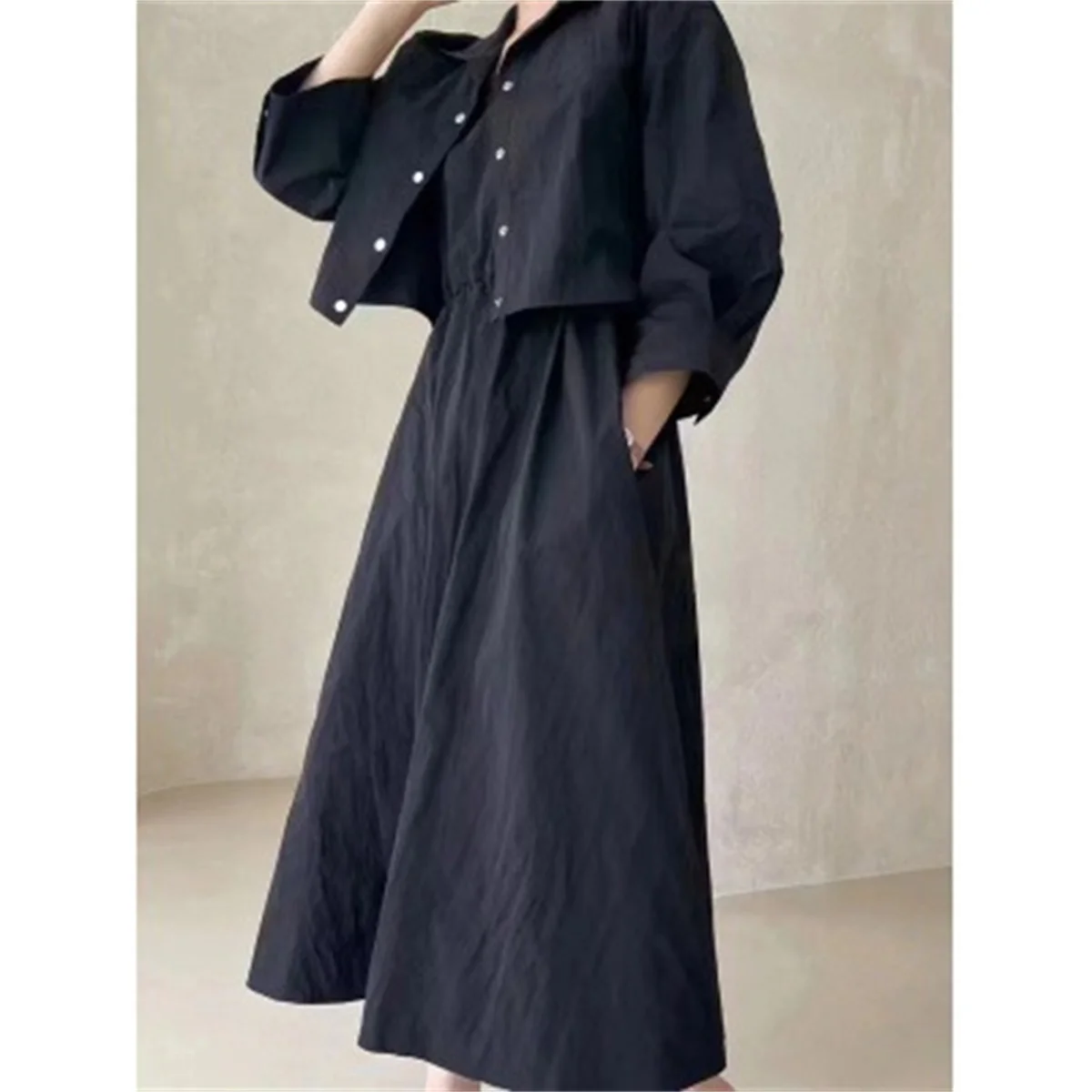 Women\'s 2 Pieces Dress Suits Turn-down Short Jacket Collar Solid Casual Tank Dress Sets Outfits 2024 New Spring Korean Fashion