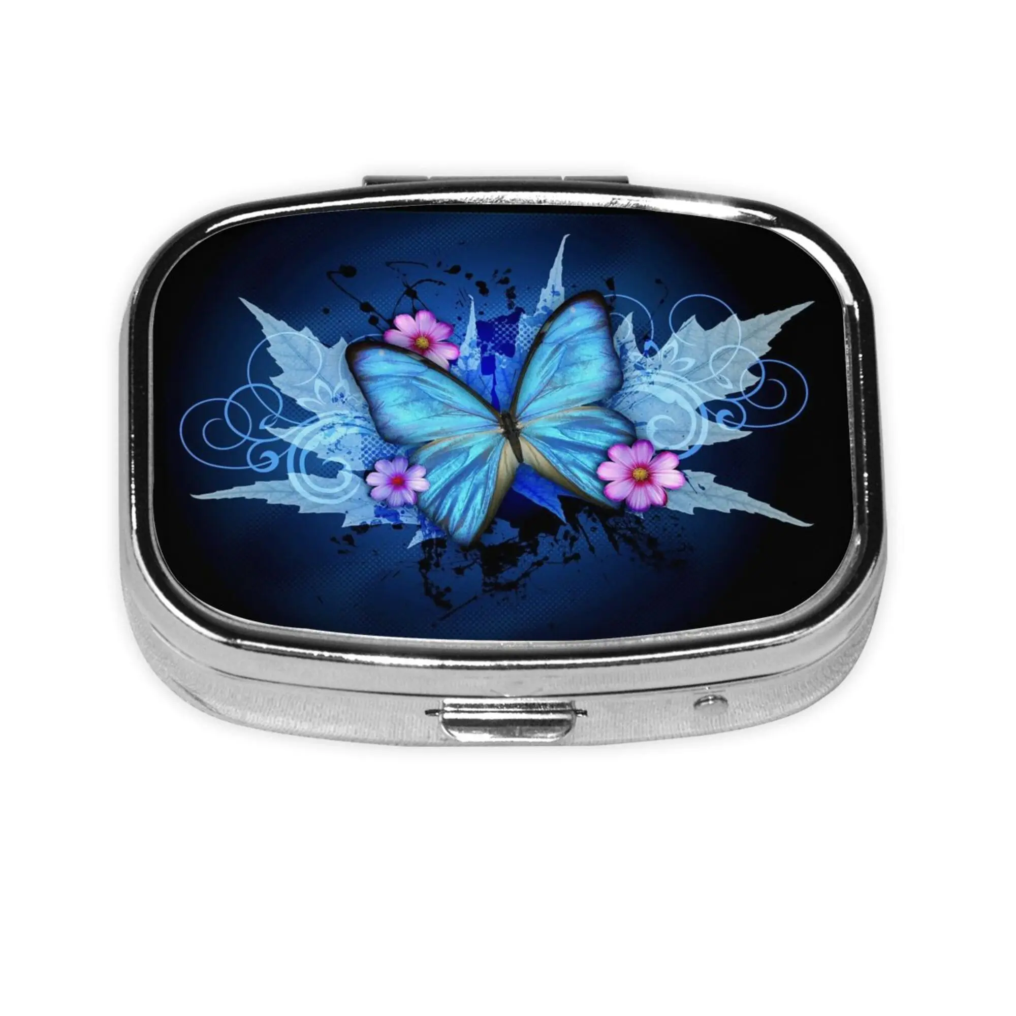 Pretty Purple Butterfly Square Pill Box 2 Compartment Pill Case for Purse & Pocket Portable Metal Medicine Vitamin Organizer