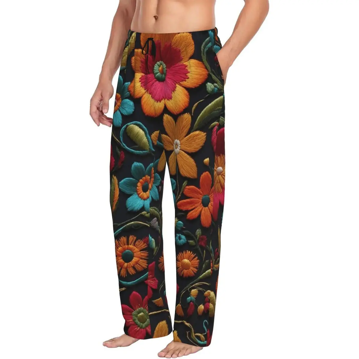 Custom Mexican Vintage Flroal Rebozos Mexicanos Pajama Pants Men Sleepwear Sleep Lounge Bottoms with Pockets