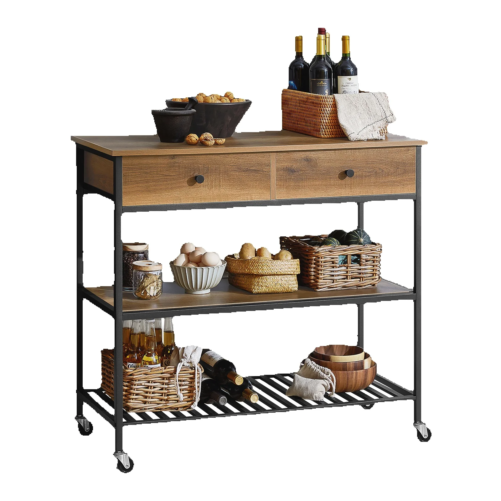 SoBuy FKW112-PF Küchenwagen Servierwagen Küchenregal mit 4 Rollen Flurschrank Sideboard mit 2 Schubladen und 2 Ablagen Rollwagen