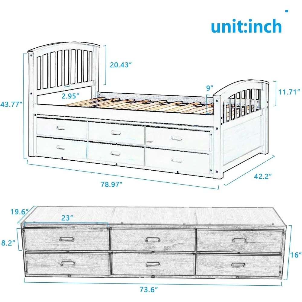 Platform opbergbed Massief houten bed met 6 lades Twin-size