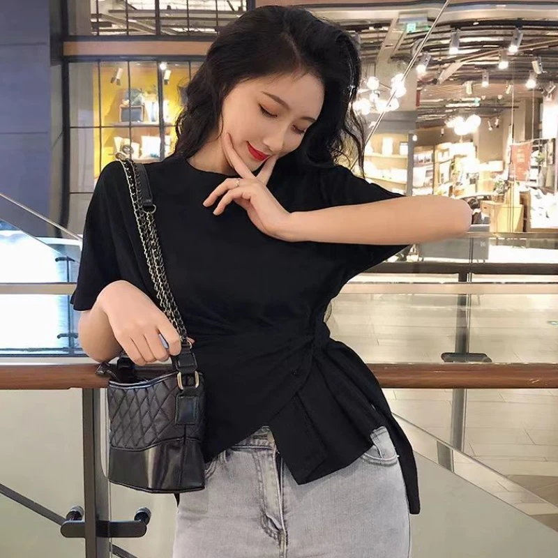 T-shirts Women Bandage Fashion Irregular Design Streetwear All-match Simple Elegant Korean Style Leisure Personality Tender Ins