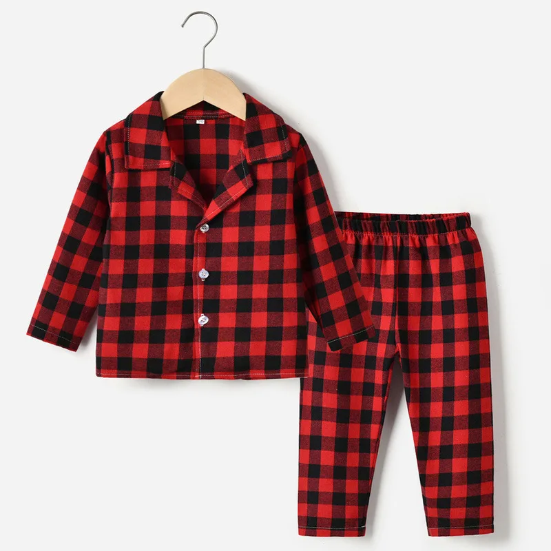 winter home wear cross-border children's clothing Europe and the United States children's  plaid long-sleeved pajamas set