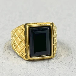 Big black Stone Signet Rings for Men Jewelry Gold color Tone 316L Stainless Steel Rhombus Engagement anel masculino