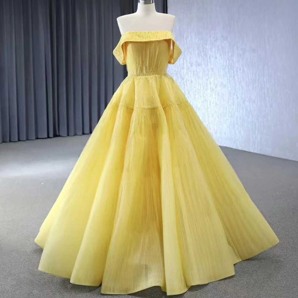 

Yellow Strapless Off-Shoulder Evening Dress With Lace-Up Back And Pearls Customizable Special Occasion Gown