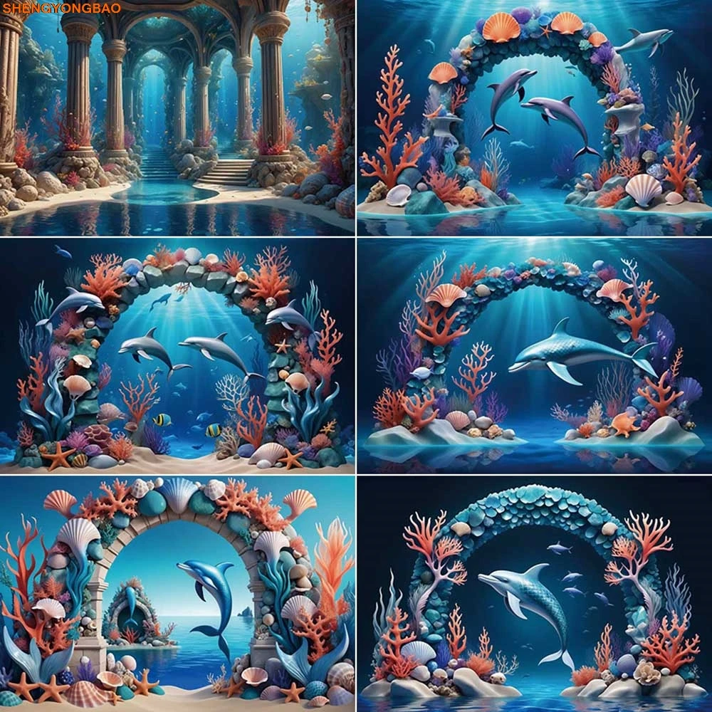 

Mermaid Arch Birthday Photography Backdrop Castle Beach Shell Photozone Background Children Studio Photocall Accessories