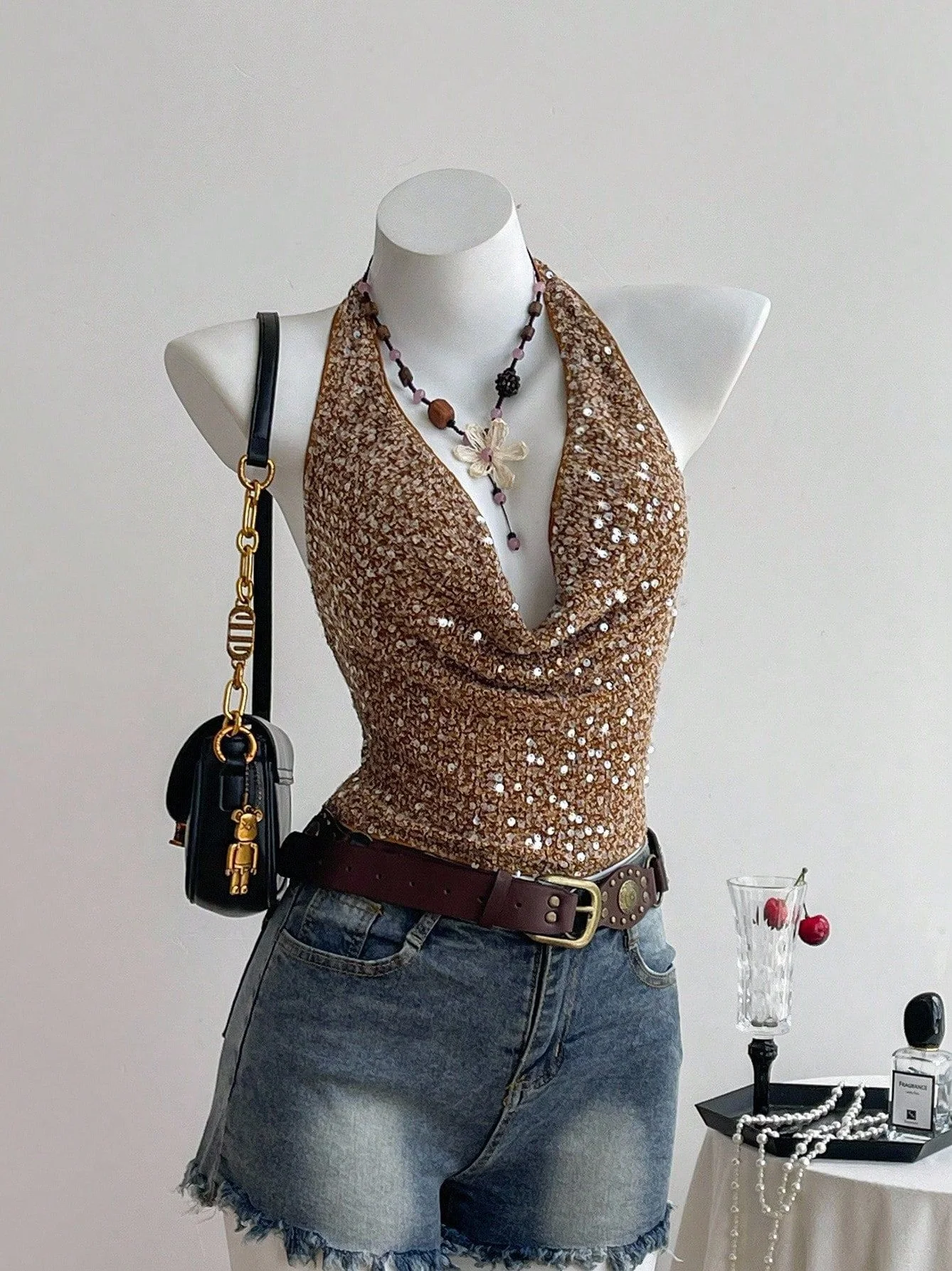 

Women's Sequined Halter Top, Y2K Camel Brown Cowl Neck Sequined Halter Top, Vintage Deep V-neck Sleeveless Backless Sequined Top