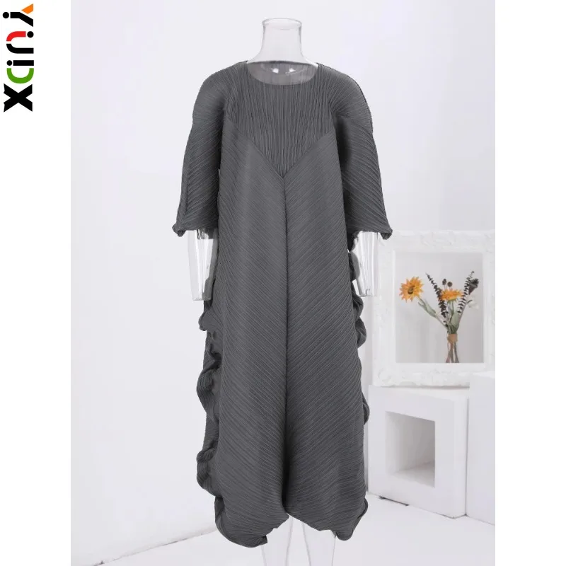 

YUDX Miyake 2024 Spring New Ruffles Pleated Dress Women Fashion Round Neck Solid Color Loose Dresses Causal Female Clothing