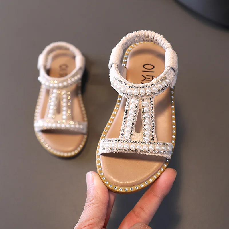 Summer Girls Sandals Fashion Pearl Roman Sandals Rhinestone Kids Princess Shoes Soft Bottom