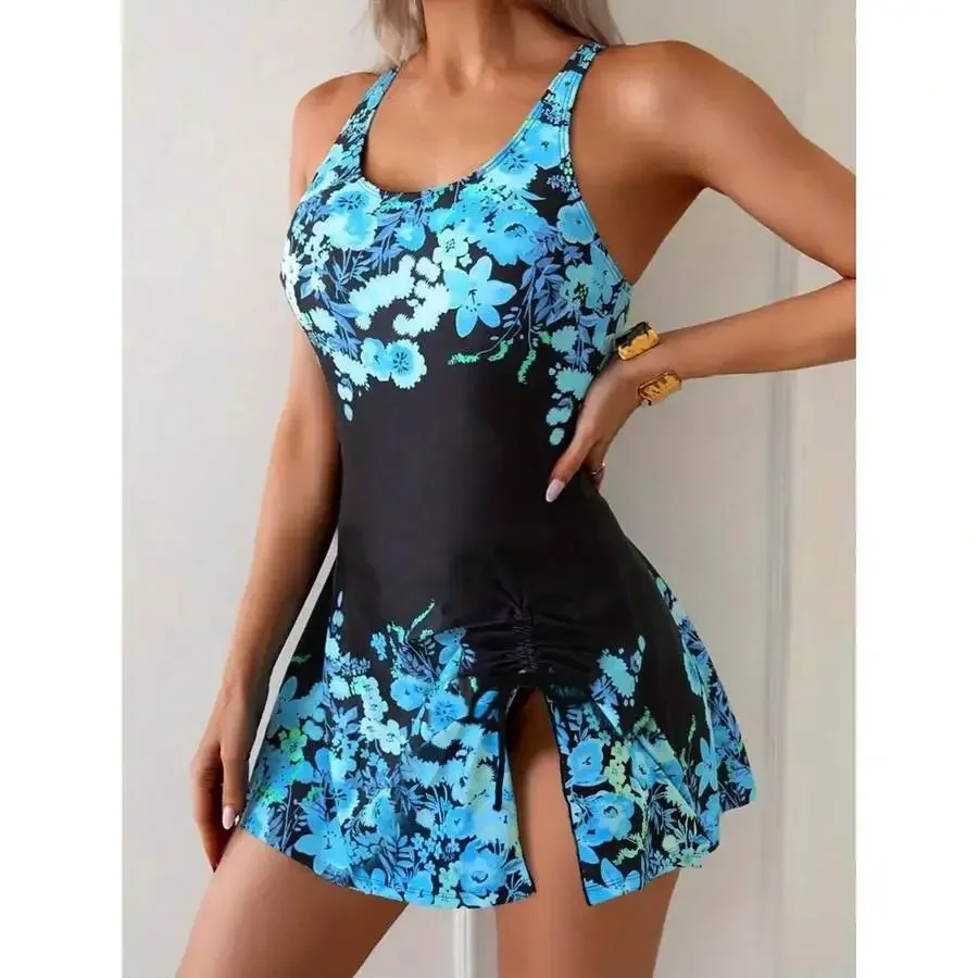 

Womens Floral Print Swimsuit With Ruched Skirt And Cross Back