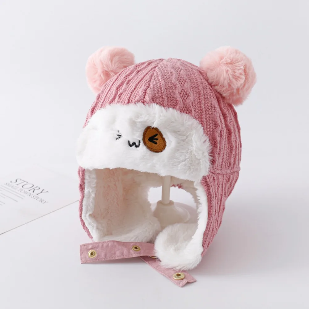 

New Autumn Winter Warm Hat Cute Pompoms Windproof Ear Protection Cap Thickned Cold Proof Pullover Hats for Children