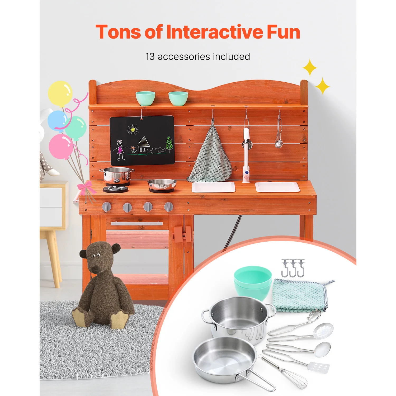 SucceBuy Wooden Mud Kitchen Playset with Stove Sink & Faucet Kids Pretend Play Kitchen Set for Children Girls Birthday Gifts