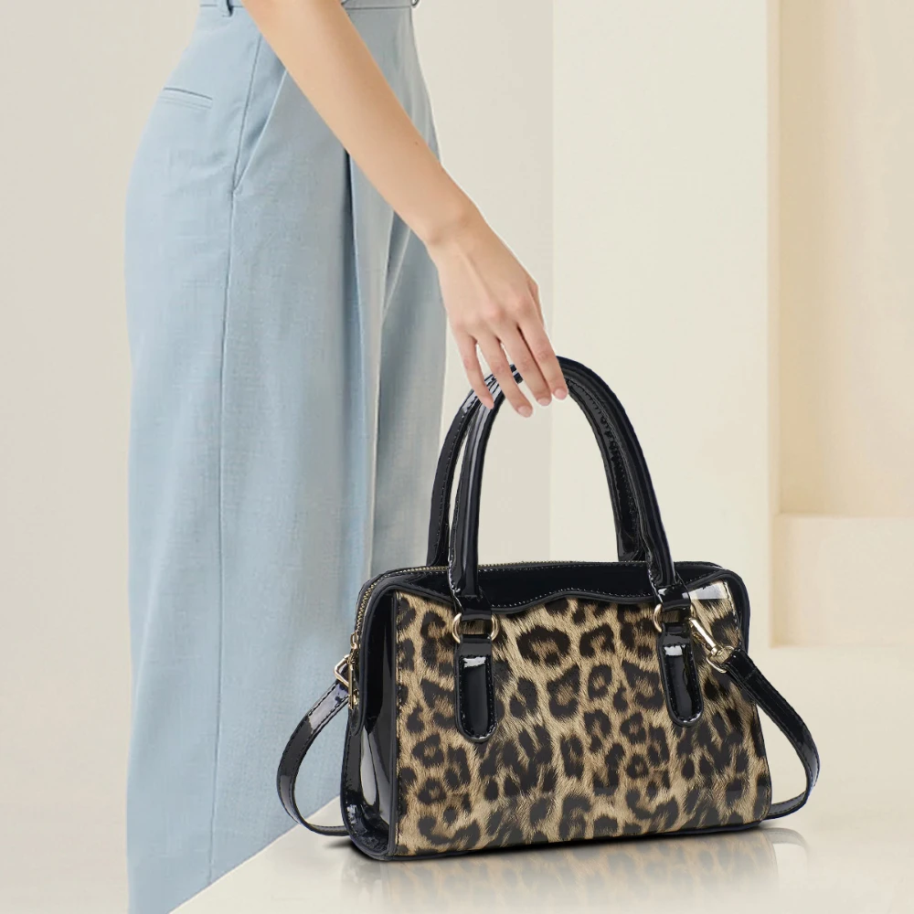 Retro Crossbody Bag Leopard Design Women Handle Bag Bright Glossy Surface Shoulder Bags Lady Handbag Party Outgoing Shopping
