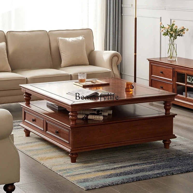 

04All solid wood American coffee table living room household square table simple coffee table