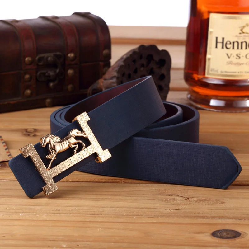 Cinto masculino de couro, cinto de calças, fivela de cinto dourado, cinto de couro de cavalo, estilo coreano, fivela suave, cinto casual
