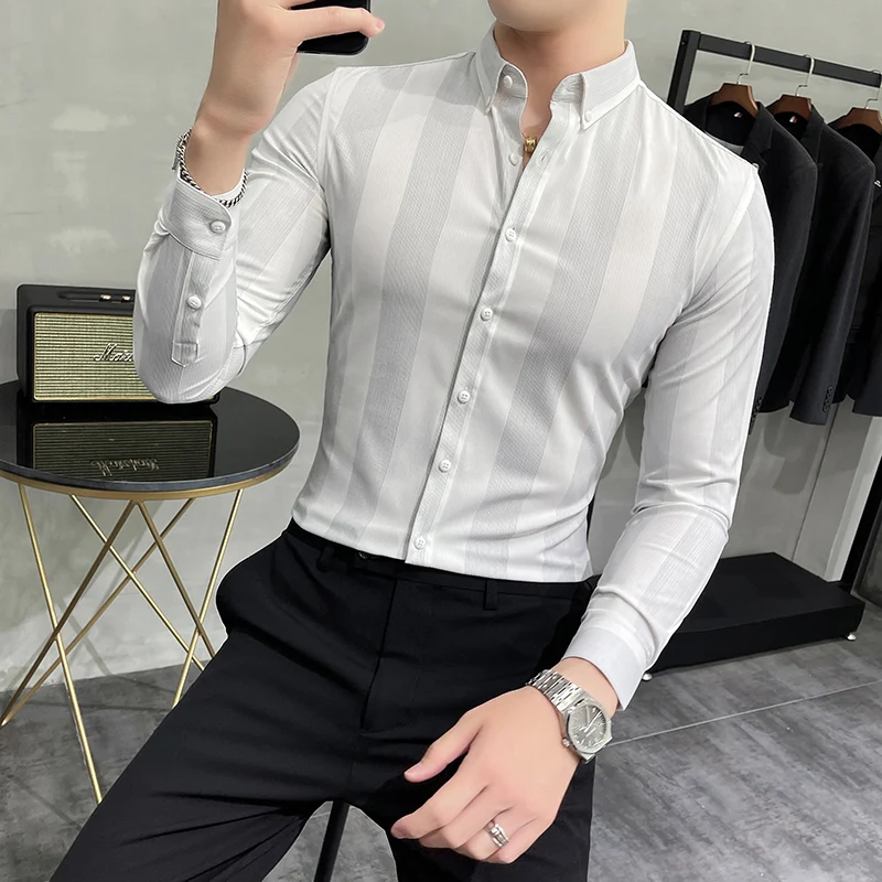 

2023Men Long Sleeve Shirts Slim Social Hot Selling New Fit Vintage stripe High Quality Blouses Brand Men Fashions Dress Clothing