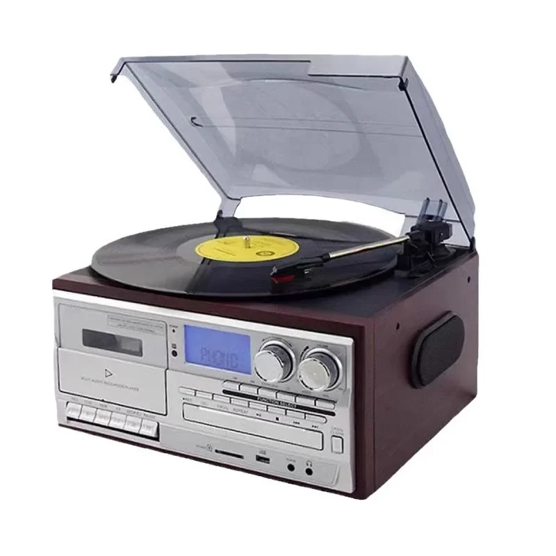 Retro vinyl record player, vintage cassette player, FM/AM radio, desktop multifunctional Bluetooth speaker