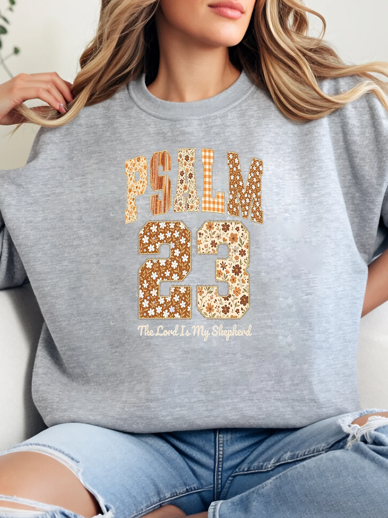 

Толстовка с круглым вырезом и цветочным принтом «Псалом 23, «Владень моя овчарка», женская повседневная одежда, религиозный подарок, серый, больших размеров
