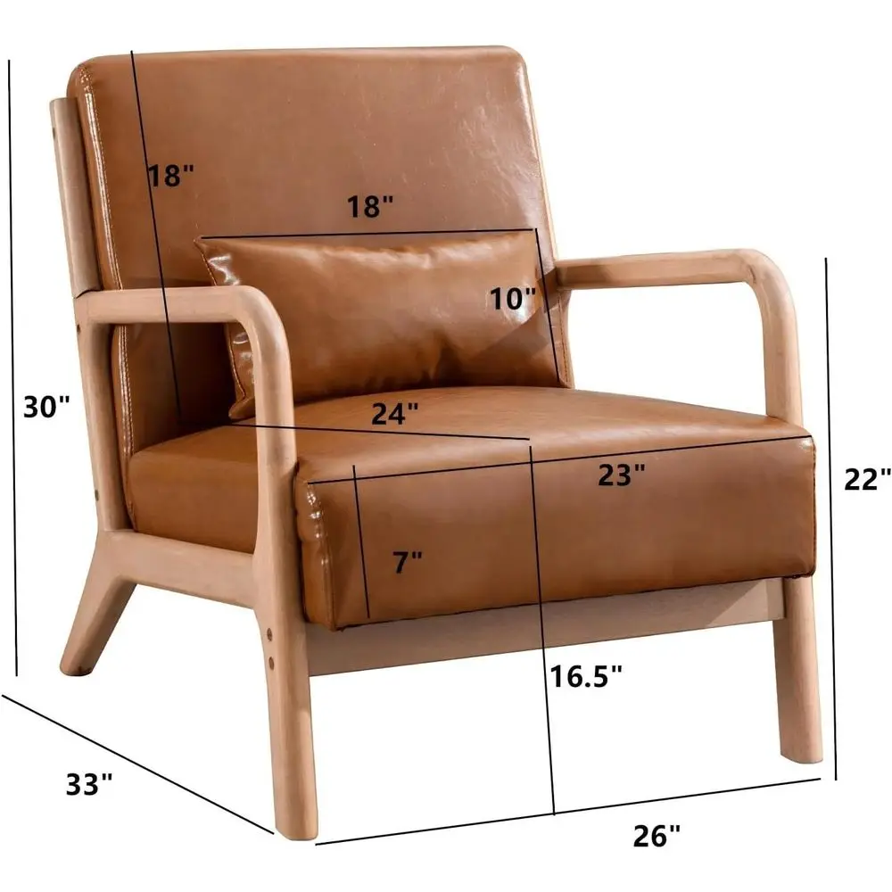 Elegant Accent Chair in Camel with Wood Frame, PU Leather and Waist Cushion for Living Room or Bedroom
