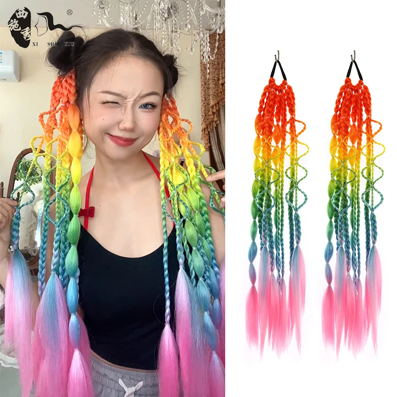 Long Colorful Synthetic Boxing Braid Wrap Around Chignon Tail With Rubber Band Hair Twist Braid Ponytail Extensions For Women