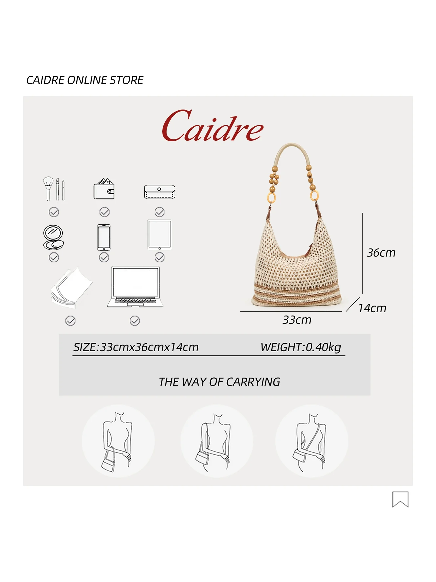 Caidre Large Capacity Beaded Straw Woven Tote Bag Single Shoulder Crossbody Artistic Holiday Purse Hollow out Knit Handbag