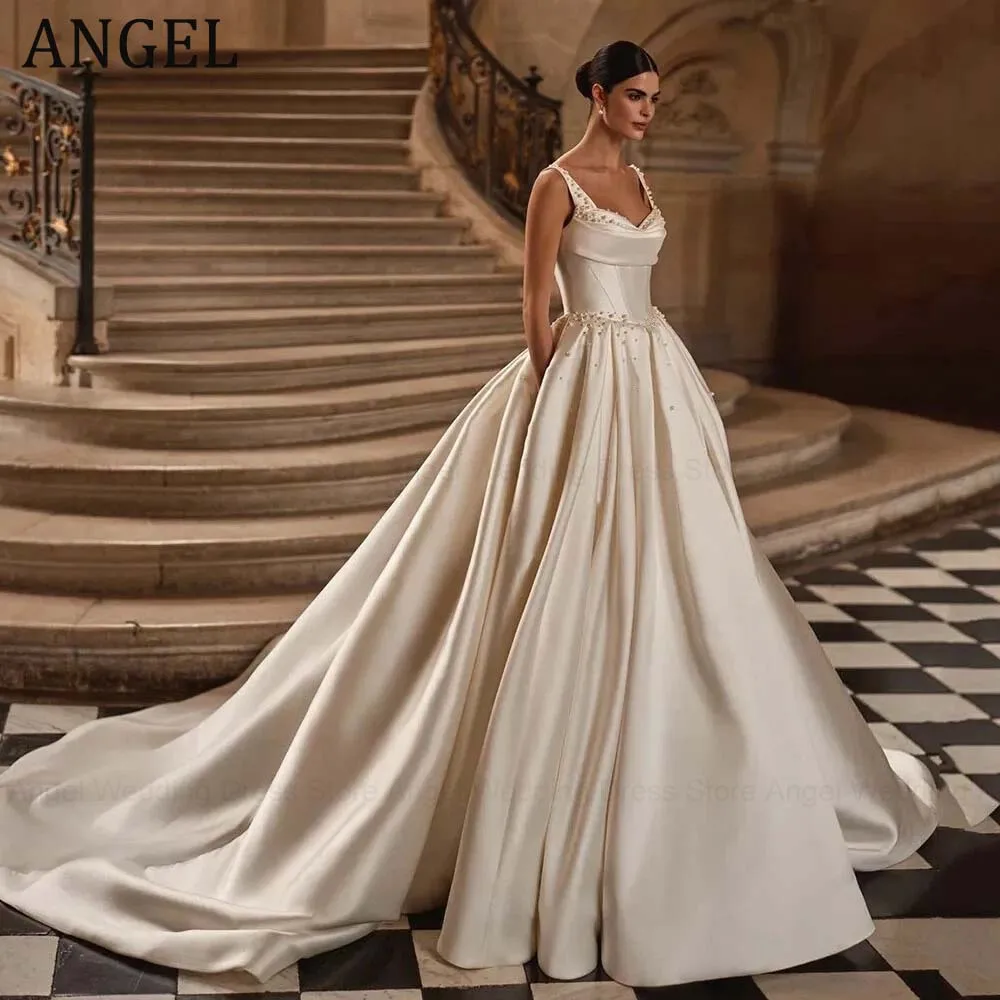 

ANGEL Customized Pearls Satin A-Line Wedding Dress 2026 Sexy Long Bridal Gowns Spaghetti Straps Sweep Train Party Evening Gowns
