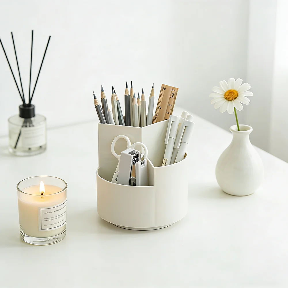 

Rotating Desktop Pen Holder Large Capacity Space-Saving Plastic Stationery Organizer For Office School Supplies