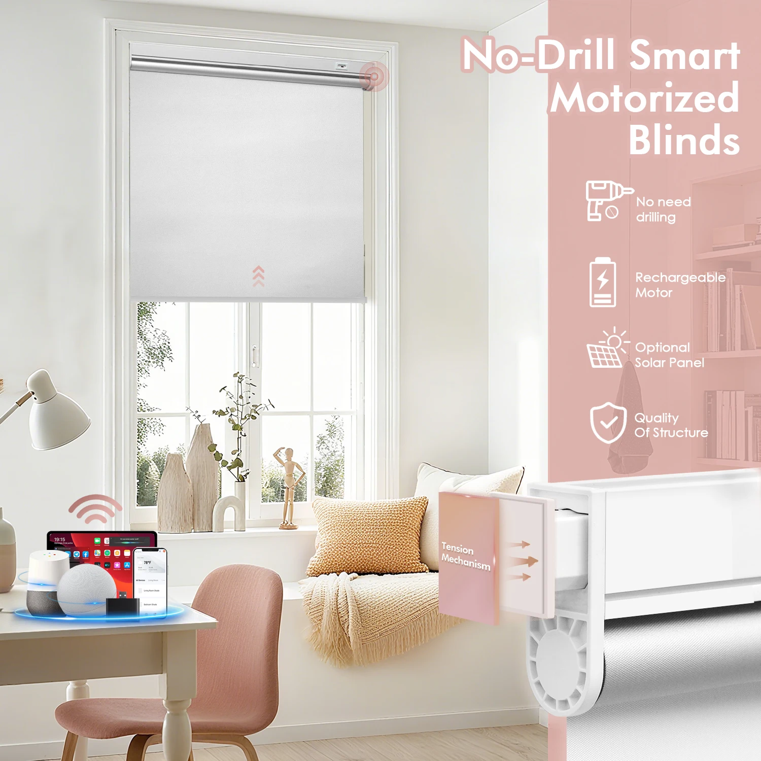 No-Drill smart curtain roller blind with remote control, solar-powered automatic indoor electric blinds