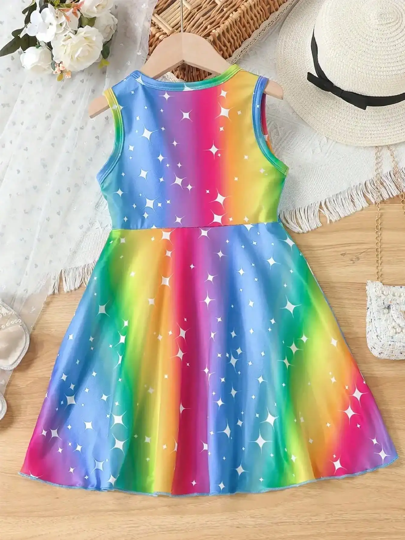 2026 Girls' Casual Spring/Summer Autumn Dream Unicorn Printed Sleeveless Round Neck Dress, Colorful Sleeveless Dress