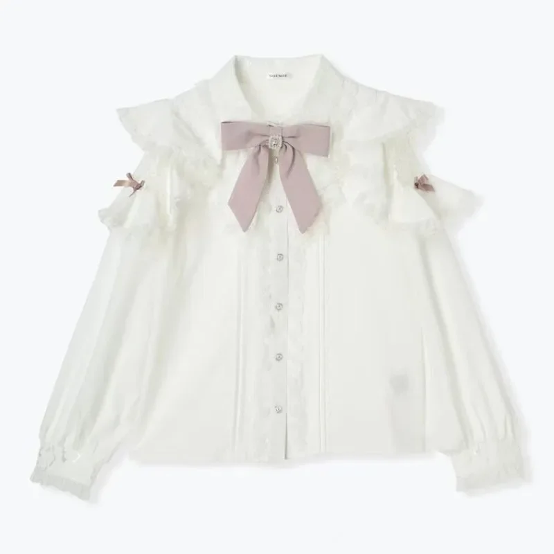 Y2k الأبيض لوليتا قميص المرأة موضة جديدة الدانتيل Blusas Mujer الخريف ثقافة فرعية بلوزات غير رسمية الوردي القوس قمصان قمصان دي