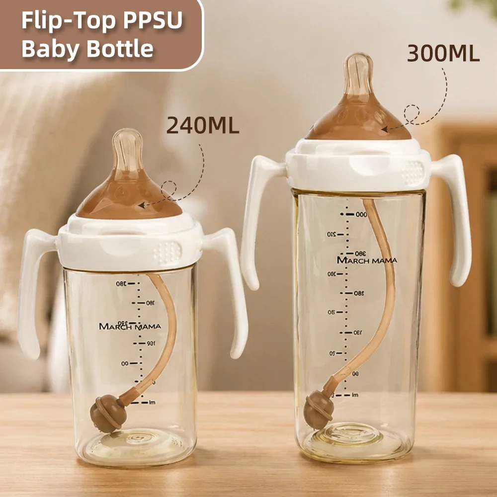 280ml/330ml PPSU Baby Feeding Bottle Set 3PCS, Anti-Colic Straw Bottle with Flip Top Lid, Breast-Like Nipple Training Bottle