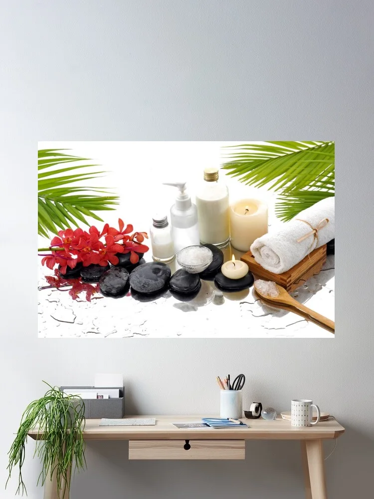 

Spa Stones, Candles, Towel, and Flowers, Art Print Canvas Poster, Living Room Decor, Home Wall Picture