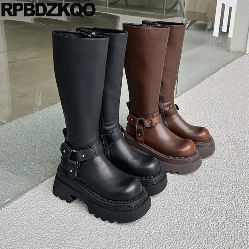 Platform Brown Belts Thick Block Biker Side Zip High Heels Motorcycle Knee Brush Tall Shoes Boots Round Toe Harness Women Long