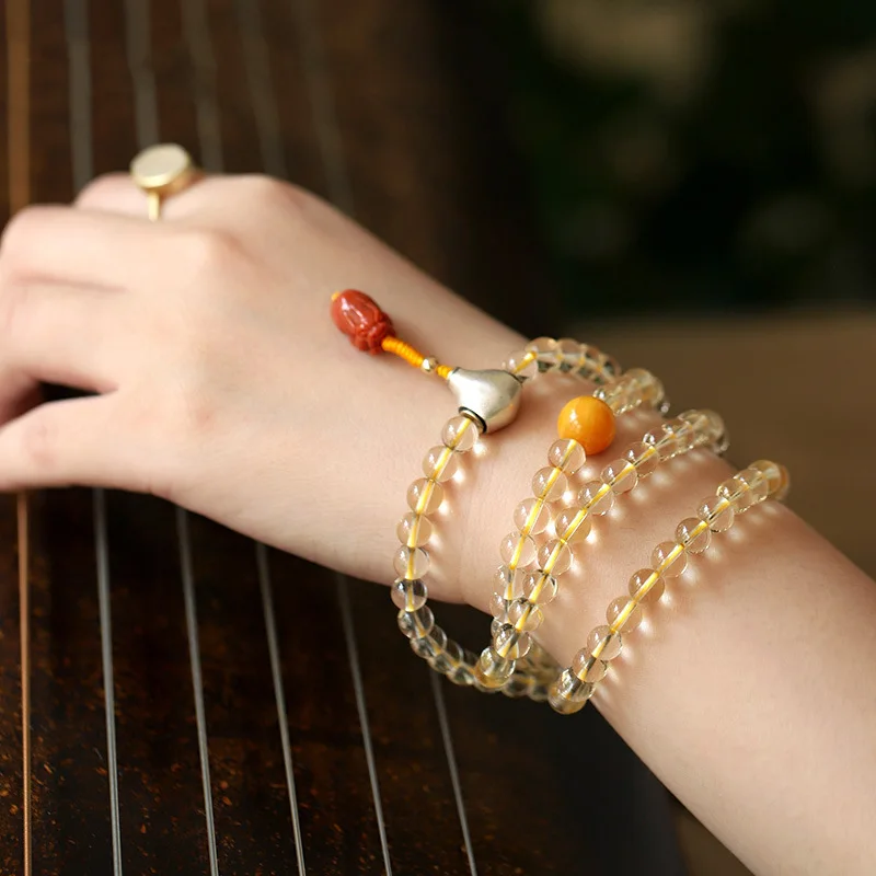 Unisex Brazilian Buddha Bead Bracelet Yellow Round 108 Beads Hand String Ornament