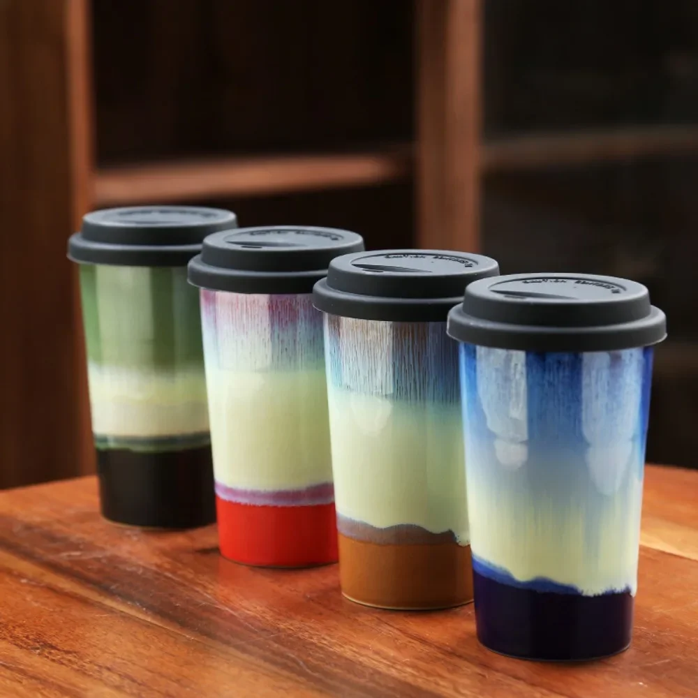 Ceramic Kiln Coffee Cup Portable Capsule Drink Cup Large-capacity Gradient Cup with Silicone Cover Drinking Utensils 390ml