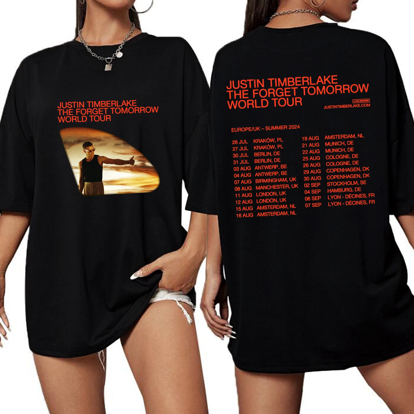 Justin Timberlake The Forget Tomorrow World Tour European/UK 2024 Oversized Short Sleeve Fans Women Gift Girls Fashion Shirt