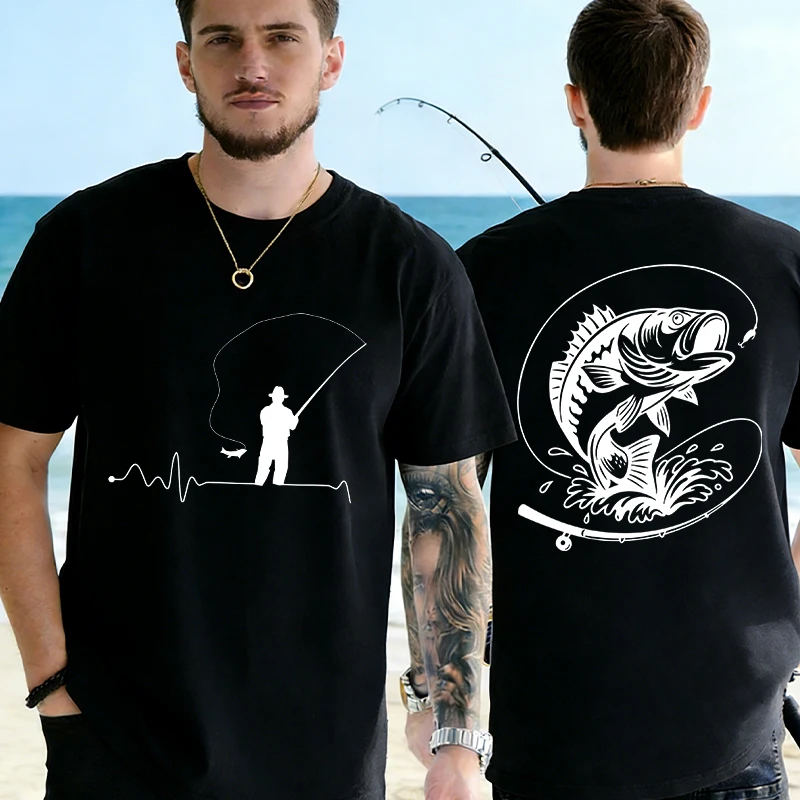 Angler-T-Shirts für Herren: Grafik-Oberteile mit Fisch-Herzschlag- und Barsch-Print, lässige Kurzarm-T-Shirts, Oversized Herrenbekleidung