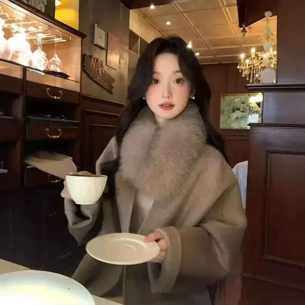 Femme réel manteau de fourrure de renard haut de gamme Double face veste en cachemire femmes veste en laine ample 2025 automne hiver nouveau manteau en laine dame