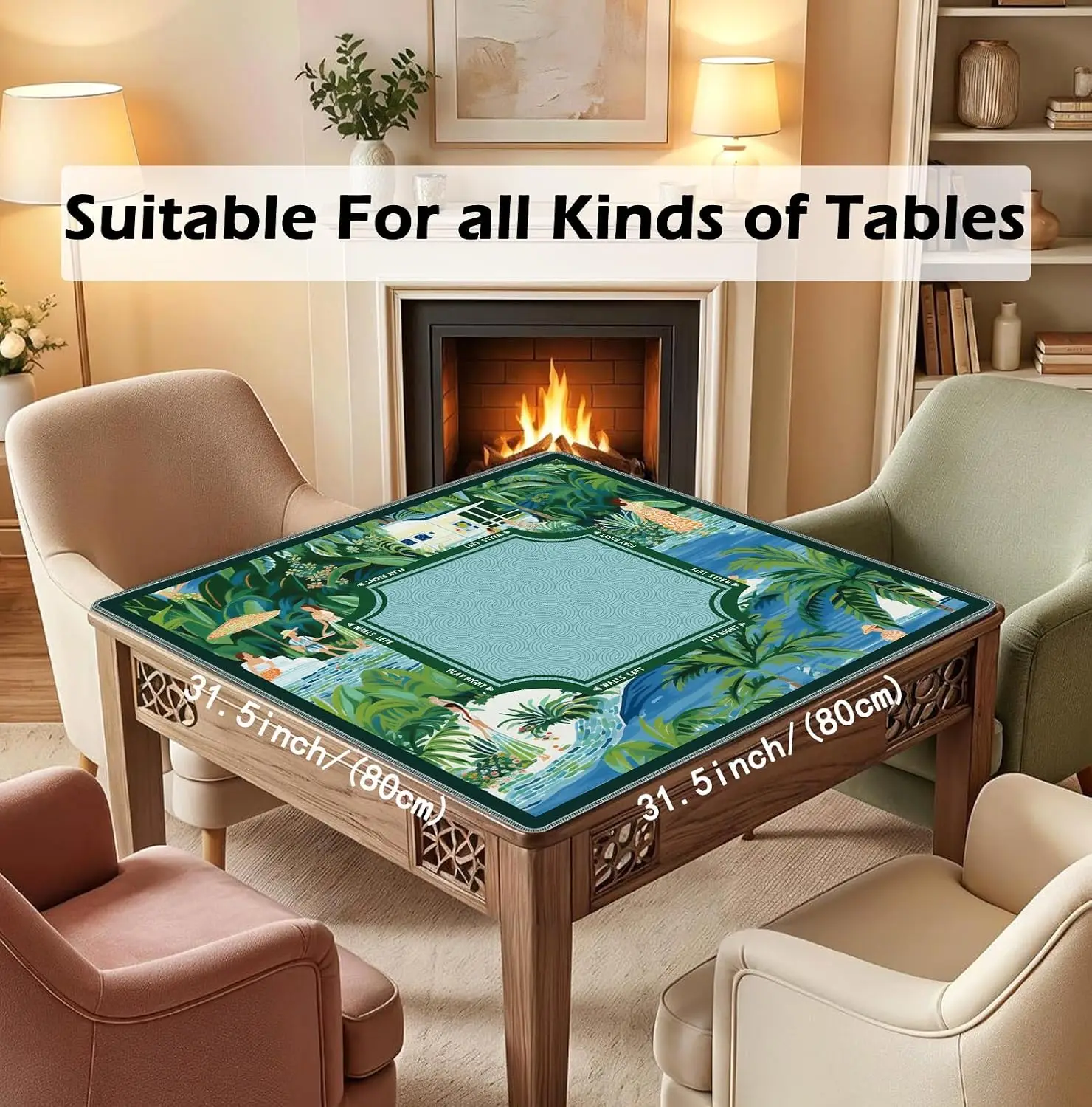 3mm Neoprene Luxury Mahjong Mat 31.5 Inch Blue Green Tropical Palm Tree Non-slip Noise Reduction for Mahjong Games
