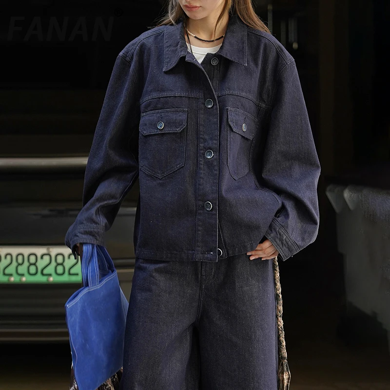 

FANAN Vintage Short Denim Jackets For Women Lapel Single Breasted Fashion Streetwear Female Coats Tide Clothes 2025 Autumn New